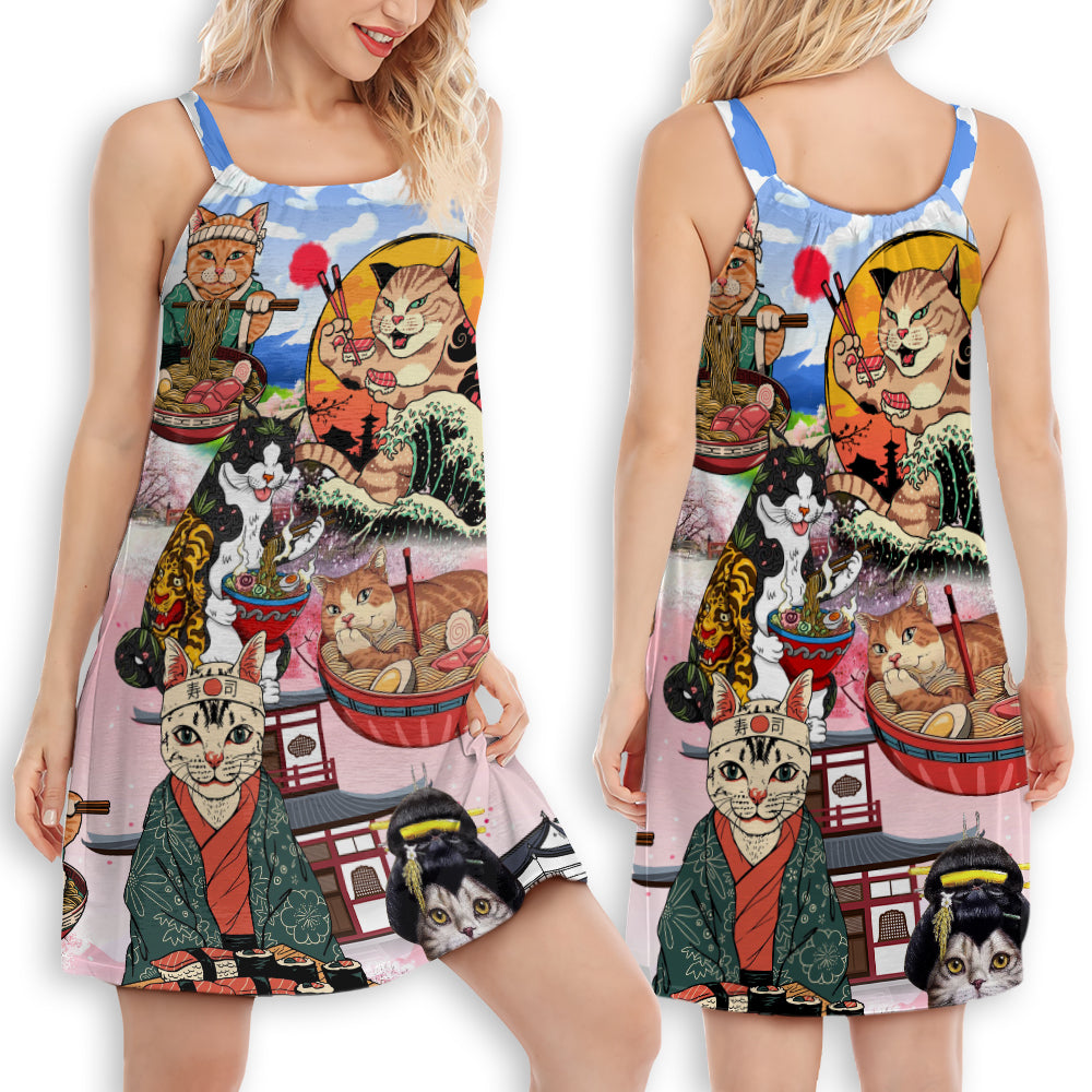 Samurai Cat Ramen Style – Women's Summer Sleeveless V-Neck Camisole Dress