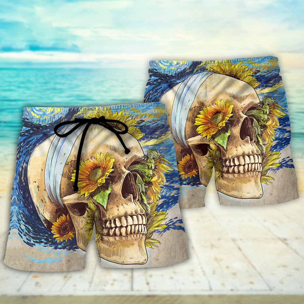 Skull And Sunflower Vintage Starry Art – Beach Short