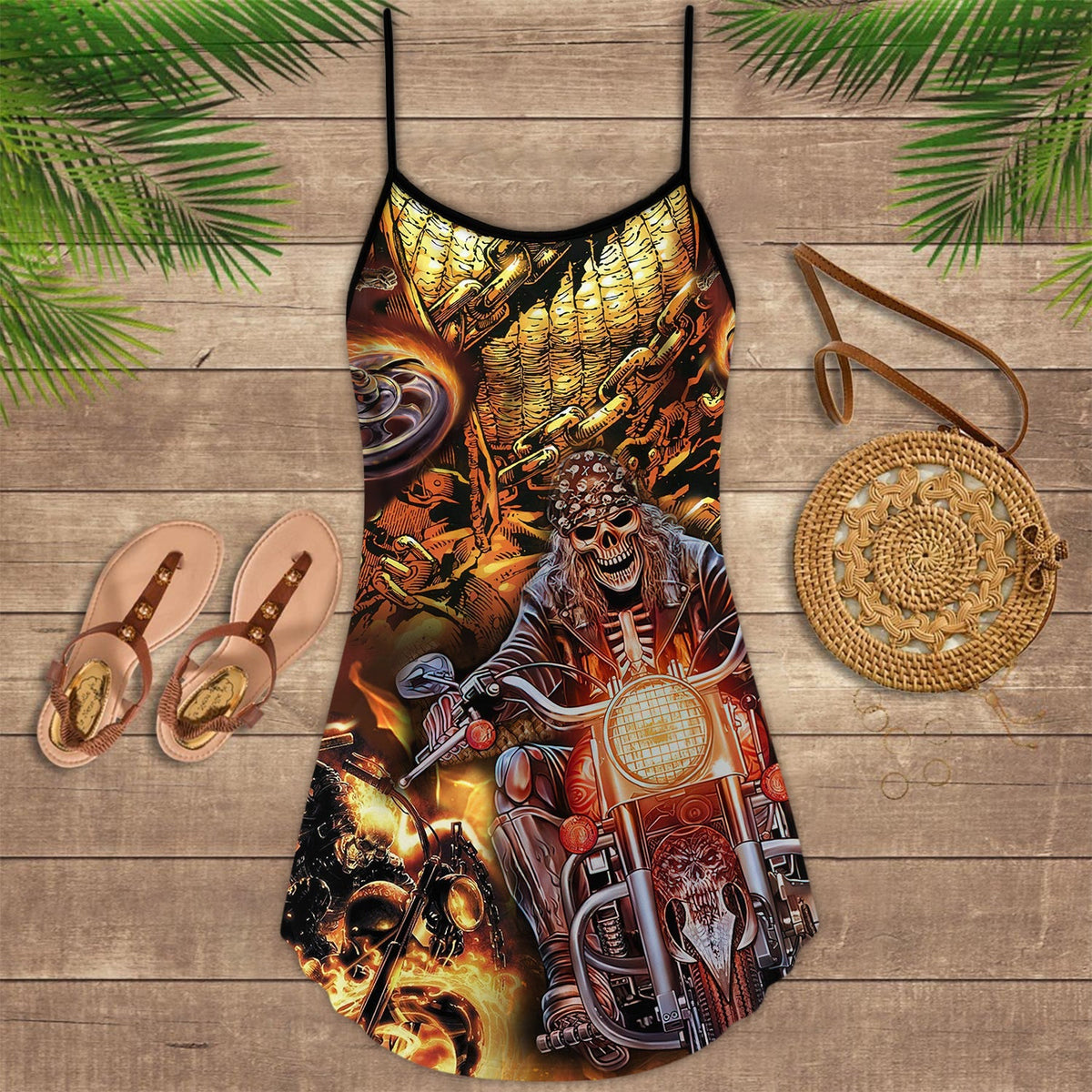 Motorcycle Skull Racing Fast – Women's Summer Sleeveless V-Neck Camisole Dress