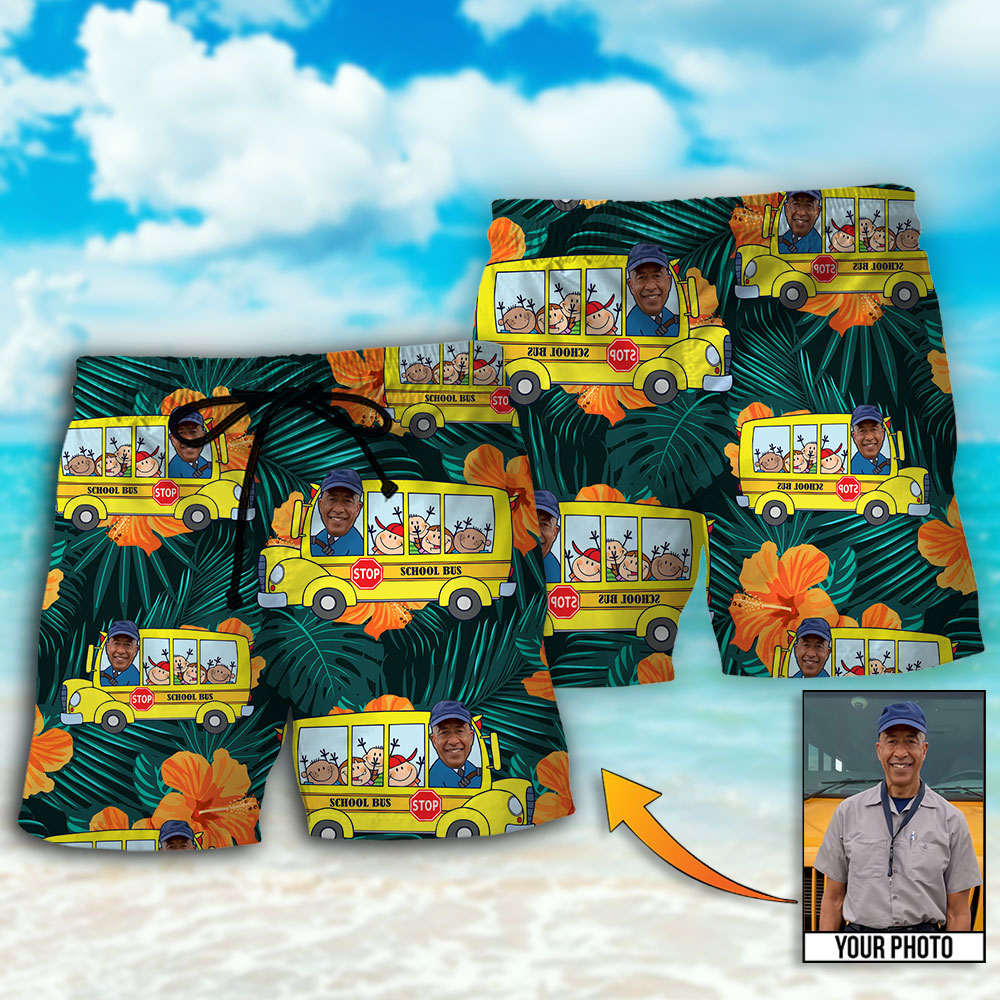 School Bus Driver Tropical Custom Photo - Beach Short - Owls Matrix LTD