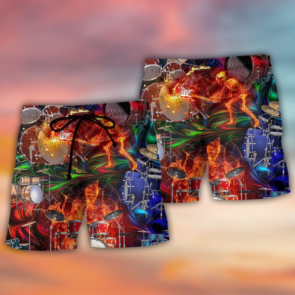 Drum Is My Life Fire Skull Colorful Style - Beach Short