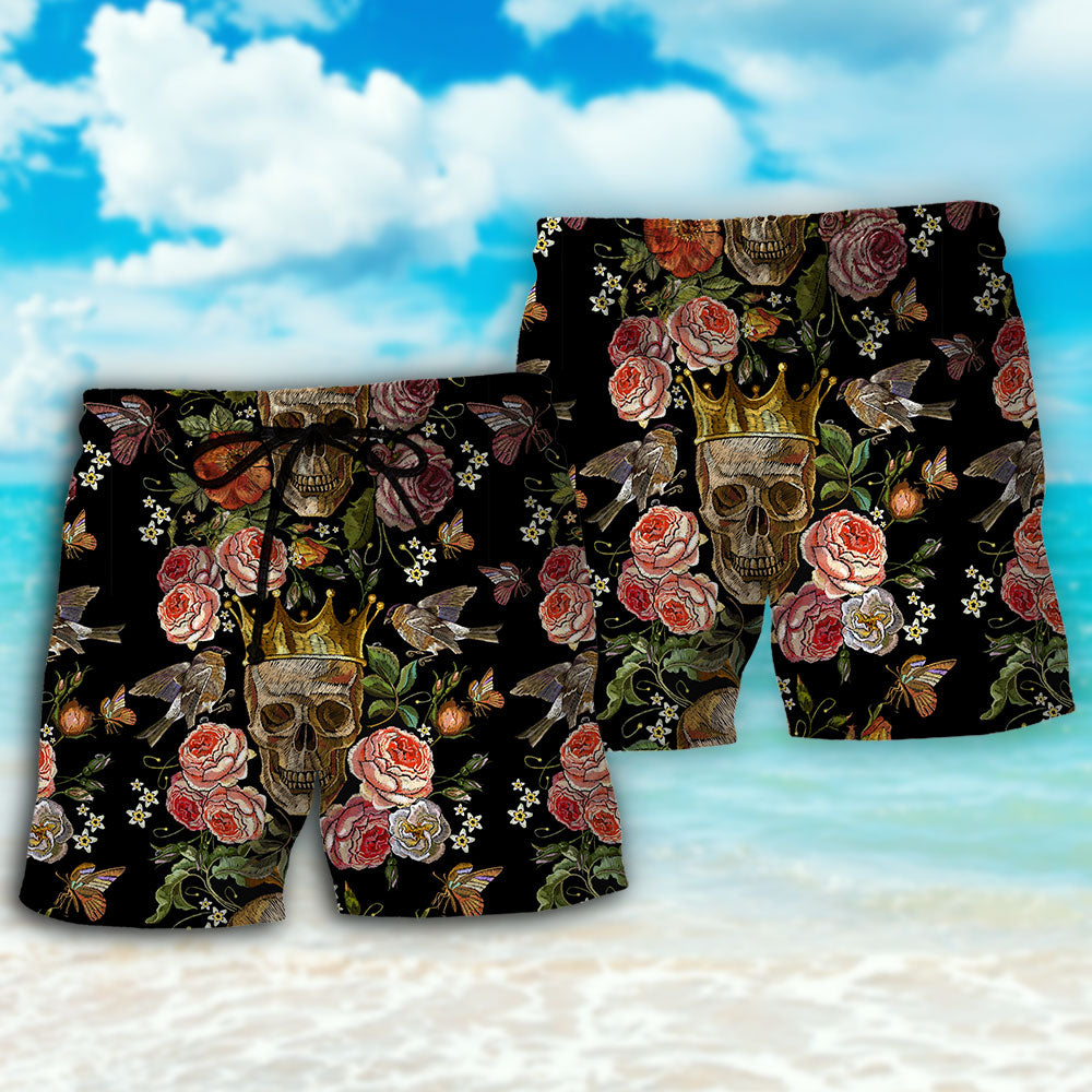 Skull And Flowers Artistic Contrast Art – Beach Short