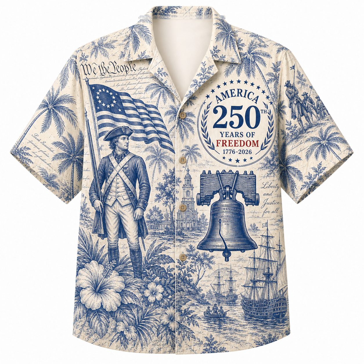 America 250th Blue Revolution Toile Hawaiian Shirt