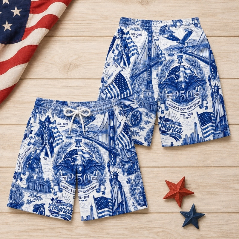 America 250th Anniversary Beach Short - Blue Landmark Toile
