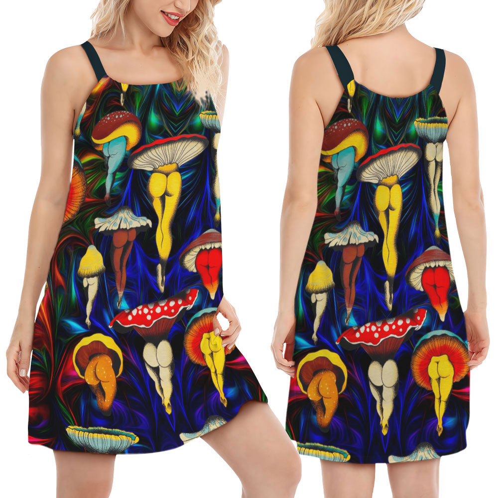 Funny Hippie Mushroom Love Life – Women's Summer Sleeveless V-Neck Camisole Dress