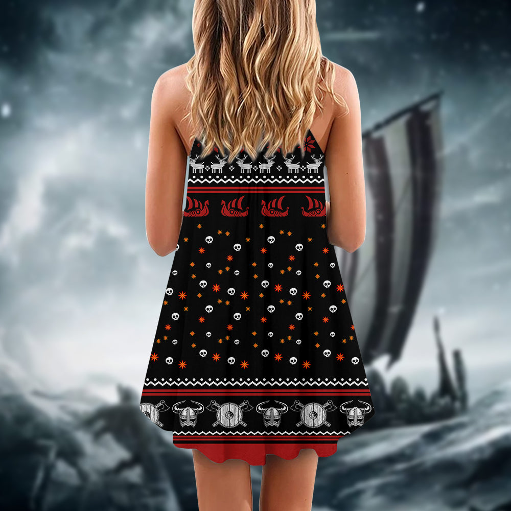 Nordic Warrior Red And White – Women's Summer Sleeveless V-Neck Camisole Dress