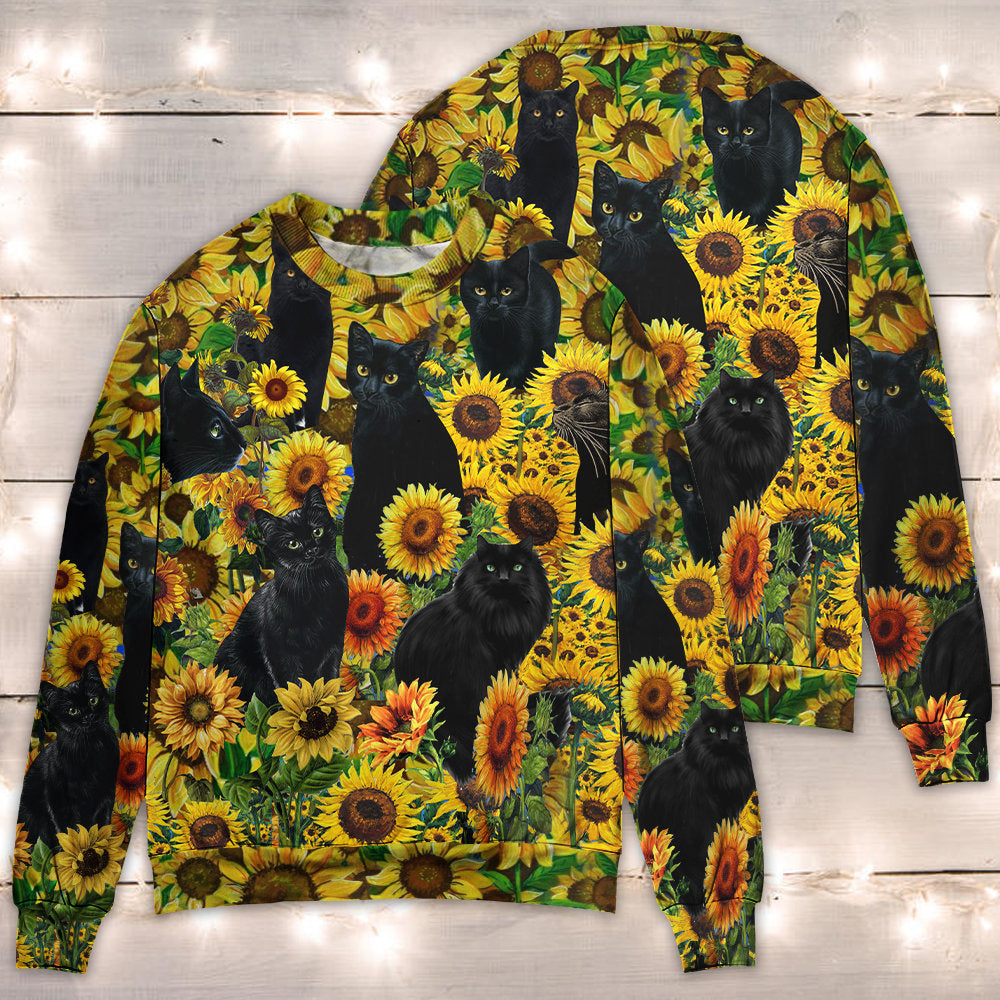 Black Cat Love Sunflower Art – Sweater - Ugly Christmas Sweater