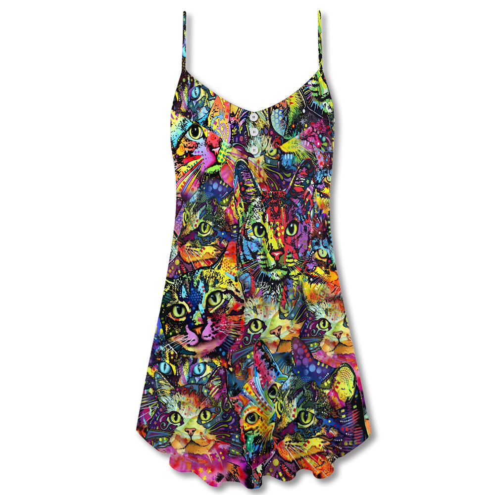 Smiling Colorful Cat Style – Women's Summer Sleeveless V-Neck Camisole Dress