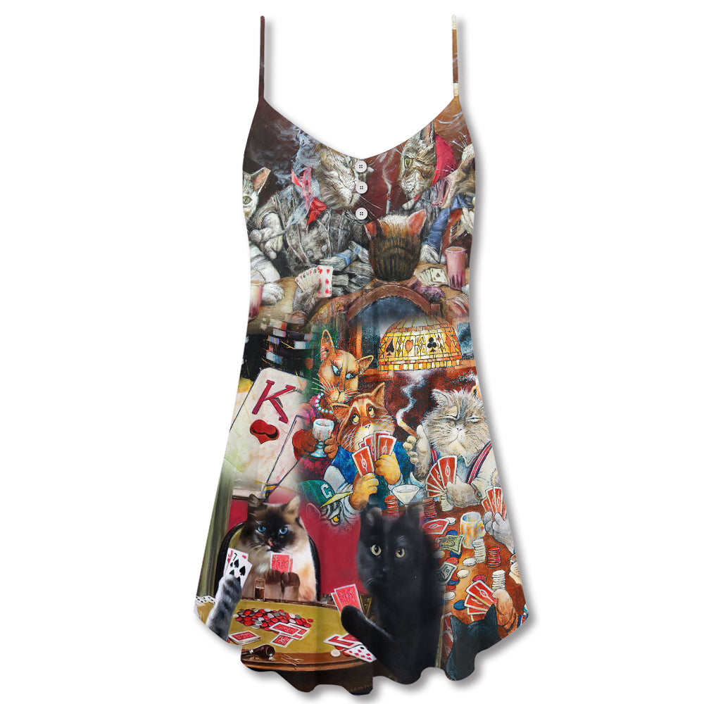 Cats Playing Poker Art – Women's Summer Sleeveless V-Neck Camisole Dress