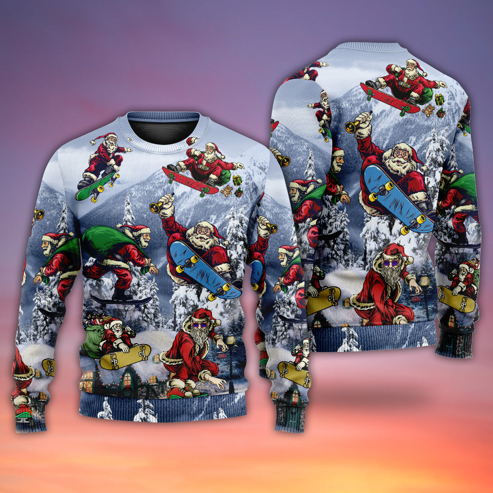 Christmas Santa Skateboarding Snow Mountain Light Art – Sweater - Ugly Christmas Sweater