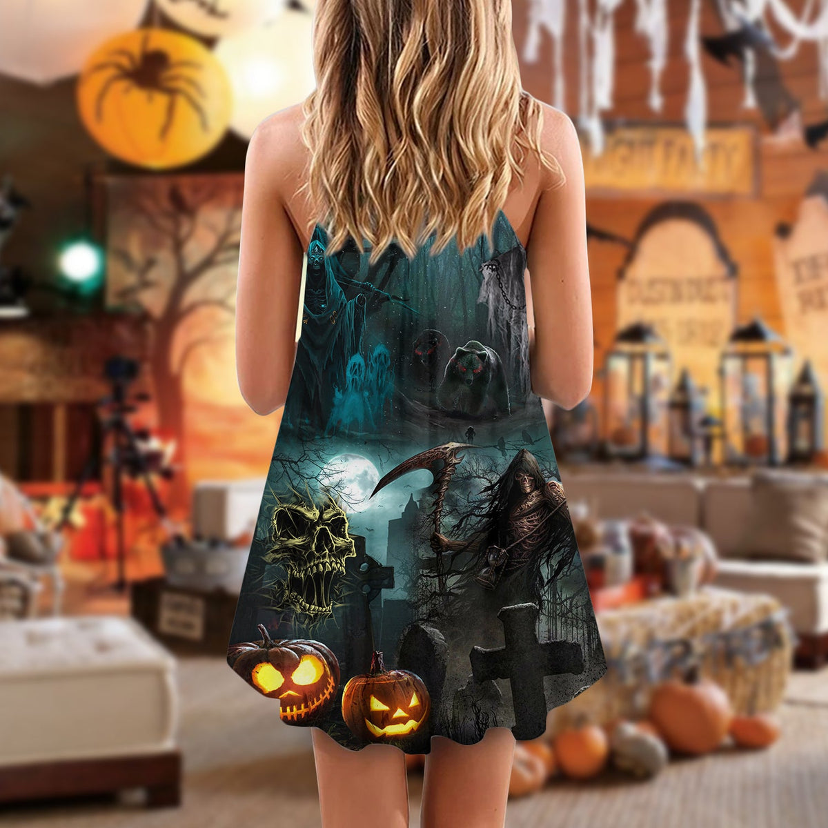 Halloween Ghost Dark Pumpkin Scary – Women's Summer Sleeveless V-Neck Camisole Dress