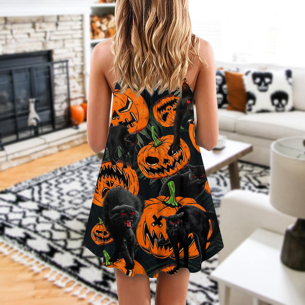 Halloween Black Cat Pumpkin Scary Tropical – Women's Summer Sleeveless V-Neck Camisole Dress