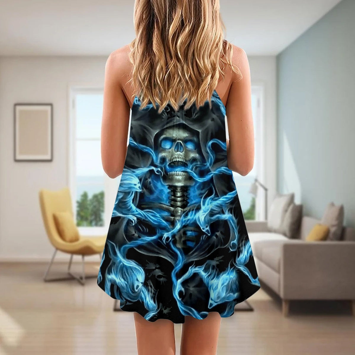 Blue Skull Dark Background – Women's Summer Sleeveless V-Neck Camisole Dress