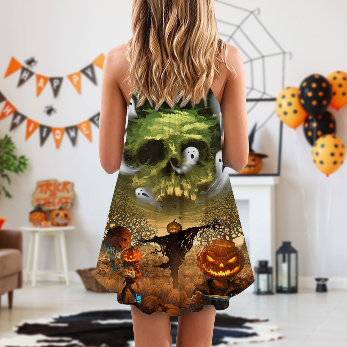 Halloween Crazy Pumpkin Ghost – Women's Summer Sleeveless V-Neck Camisole Dress