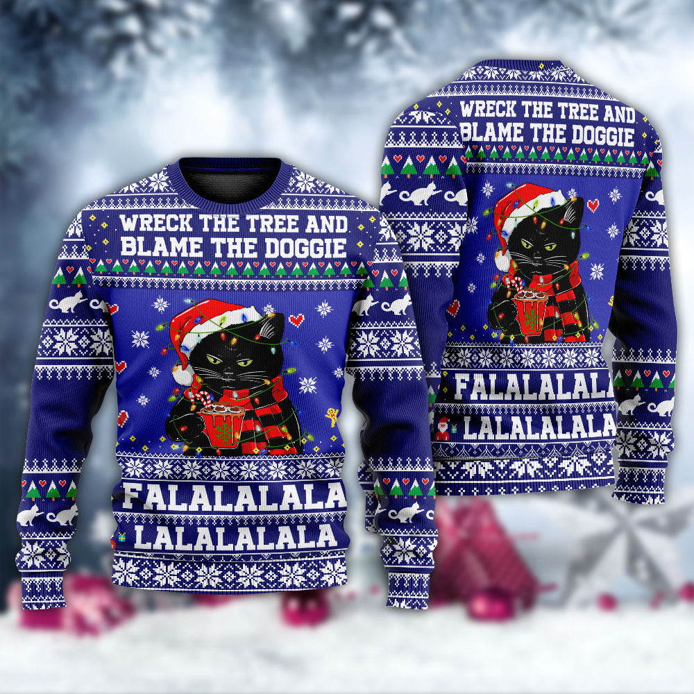 Black Cat Wrecks Tree Funny Holiday – Sweater - Ugly Christmas Sweater