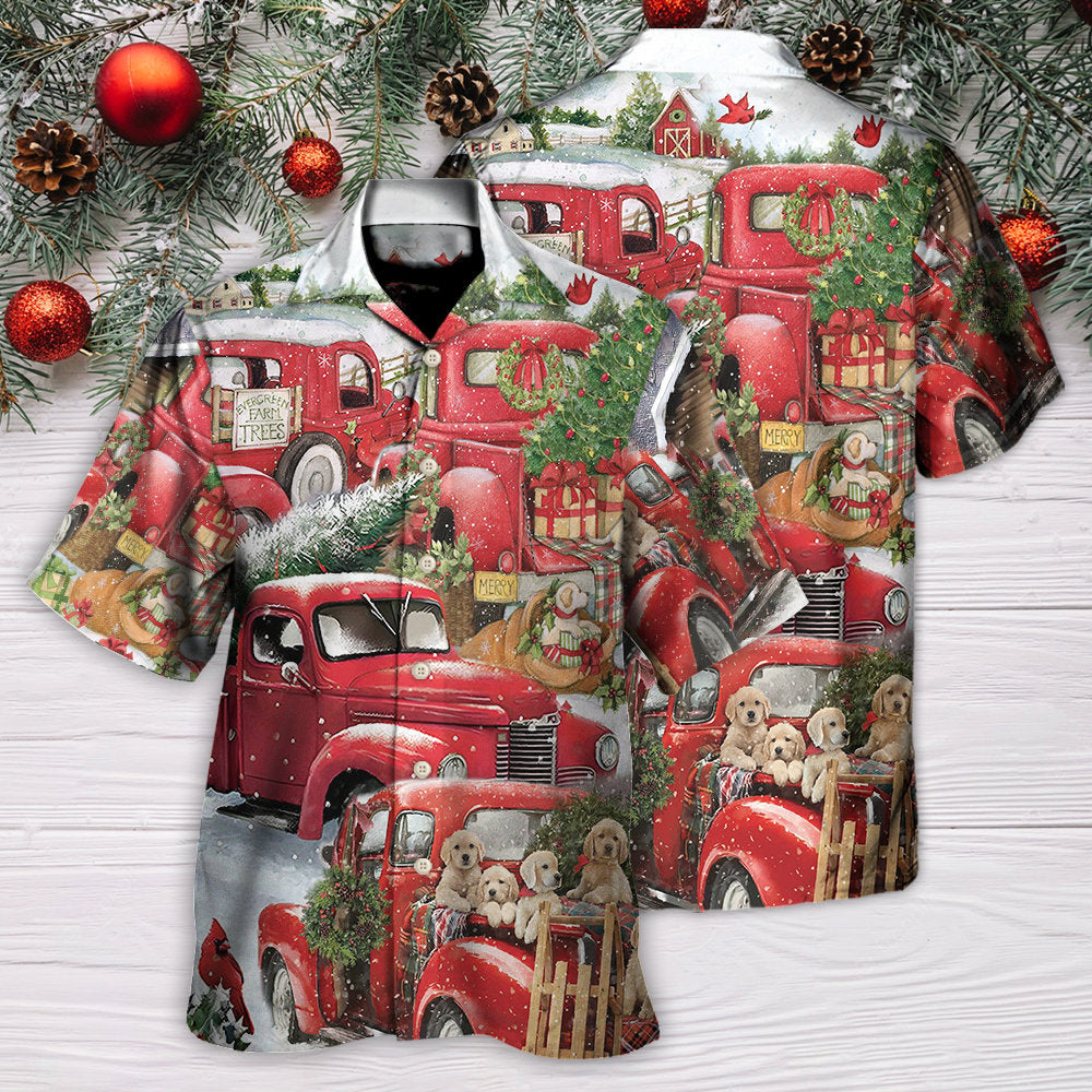 Christmas Red Truck With Xmas Tree And Cute Puppy - Hawaiian Shirt