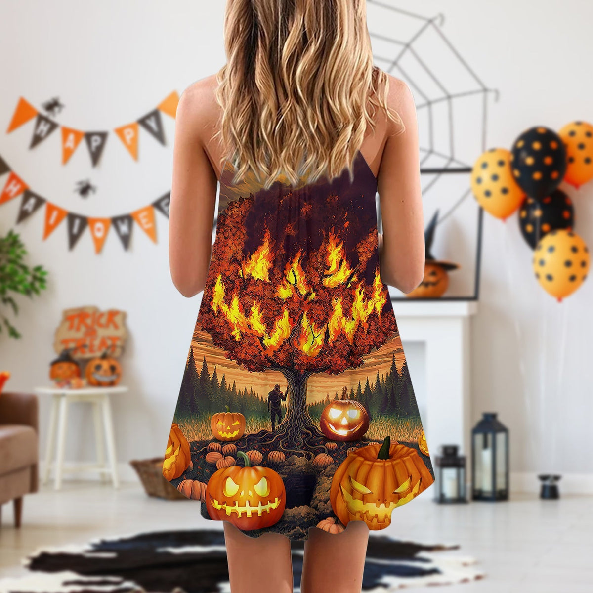 Halloween Burning Pumpkin Night – Women's Summer Sleeveless V-Neck Camisole Dress