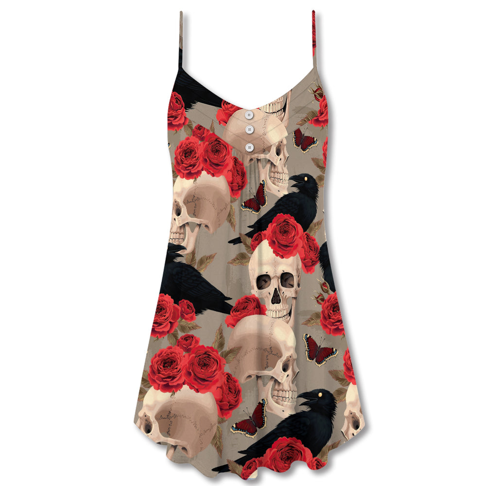 Gothic Skull Rose Raven – Women's Summer Sleeveless V-Neck Camisole Dress