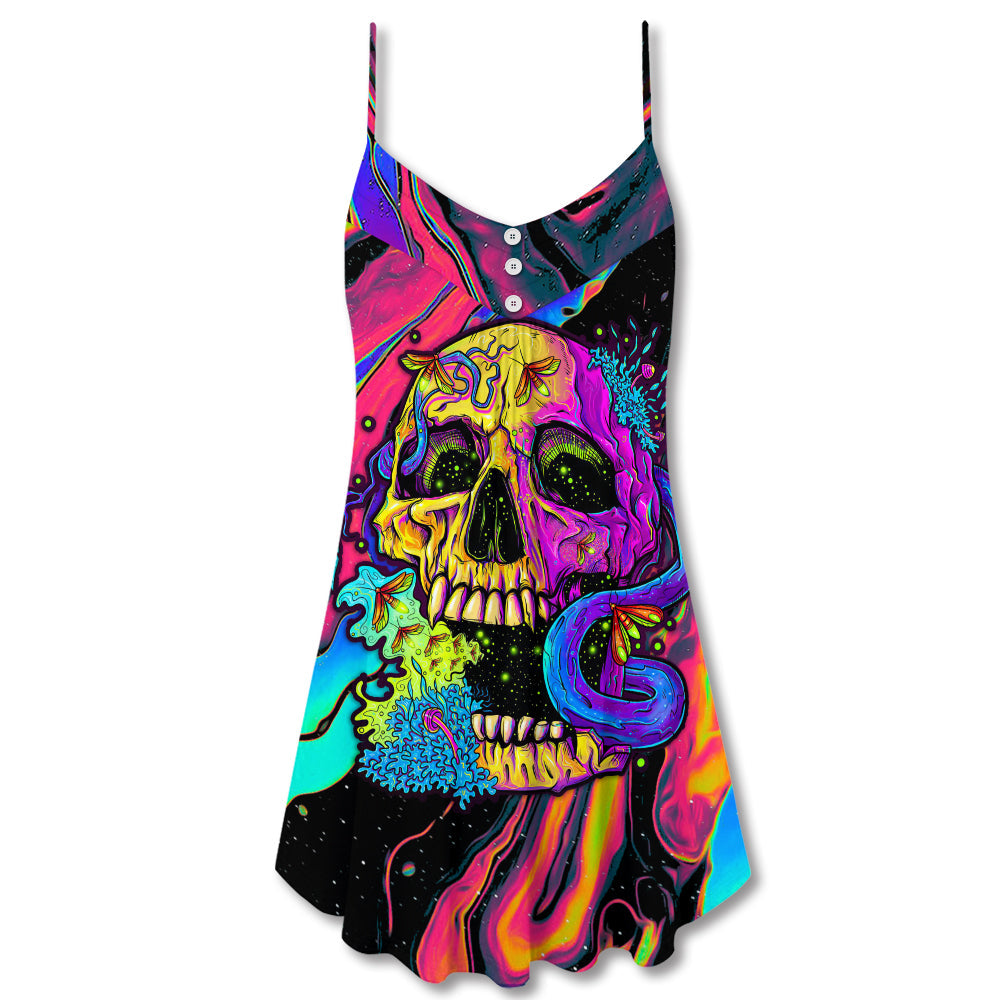 Neon Skull And Moth Night – Women's Summer Sleeveless V-Neck Camisole Dress