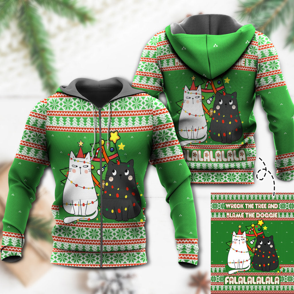 Cat Wreck The Tree Holiday Art – 3D Hoodie