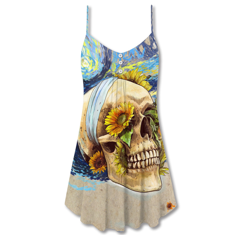 Vintage Skull Sunflower Starry Night – Women's Summer Sleeveless V-Neck Camisole Dress