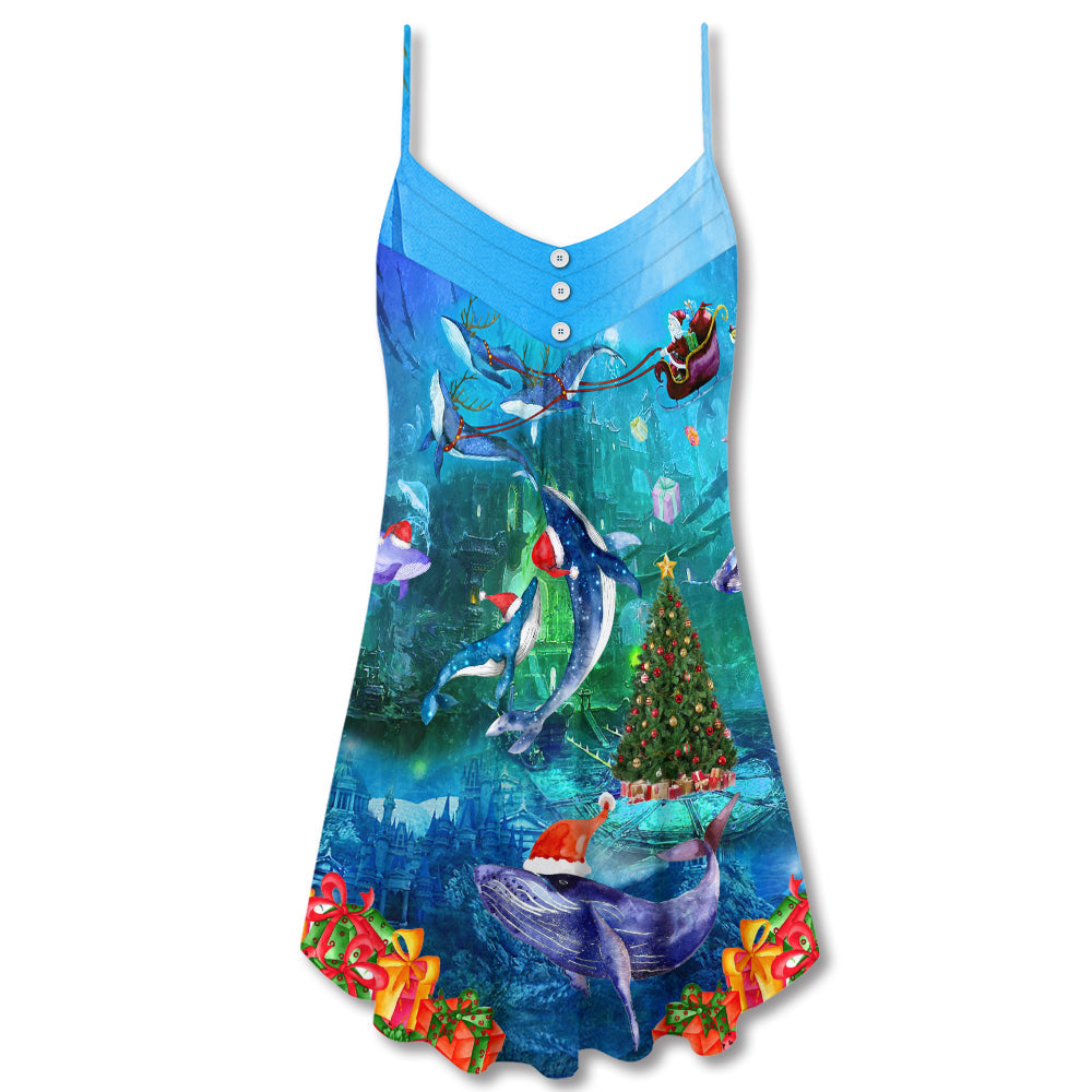 Christmas Whales Ocean Scene – Women's Summer Sleeveless V-Neck Camisole Dress