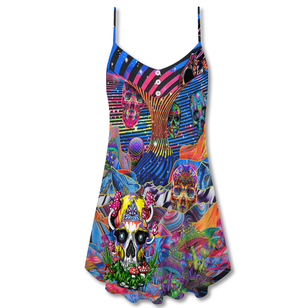Hippie Colorful Skull Love Life – Women's Summer Sleeveless V-Neck Camisole Dress