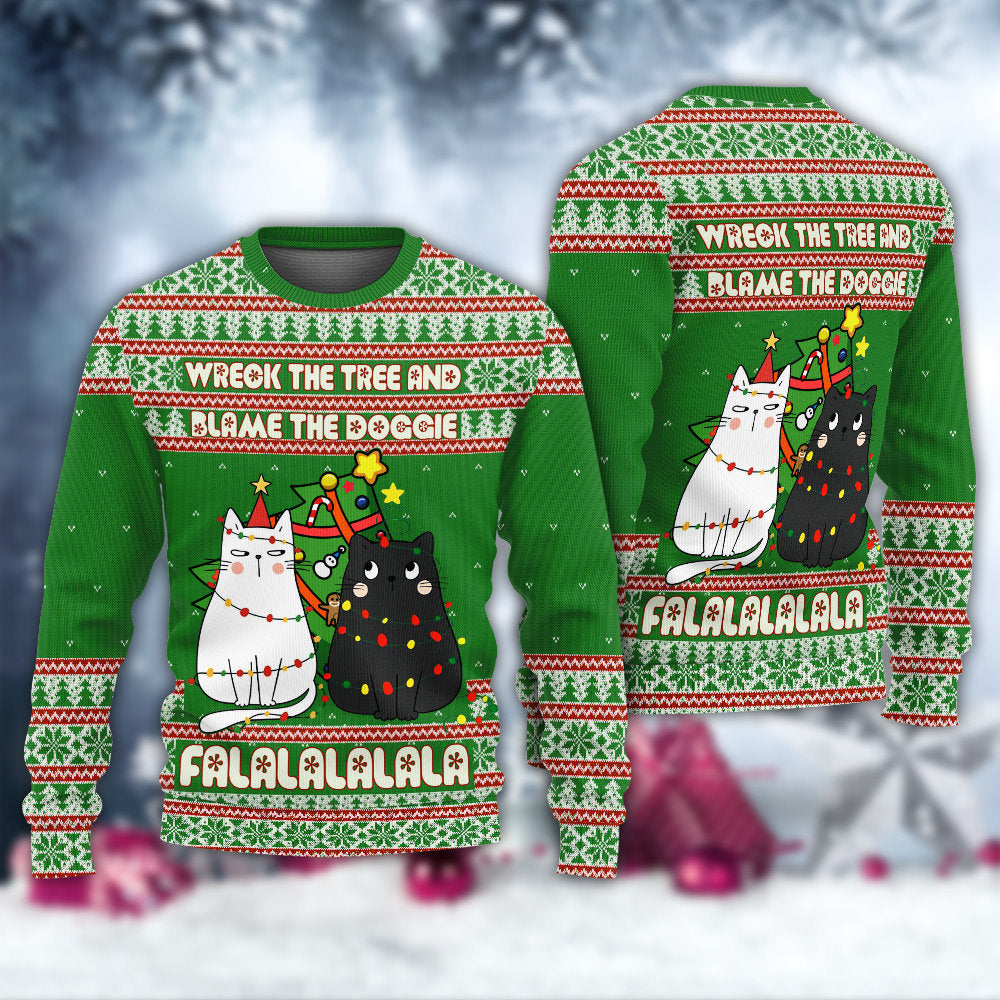 Cat Wrecks Tree Meowy Christmas – Sweater - Ugly Christmas Sweater