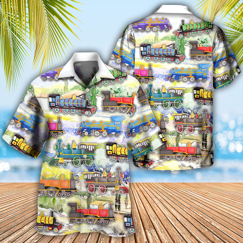 Watercolor Train And Mountain Landscape - Hawaiian Shirt