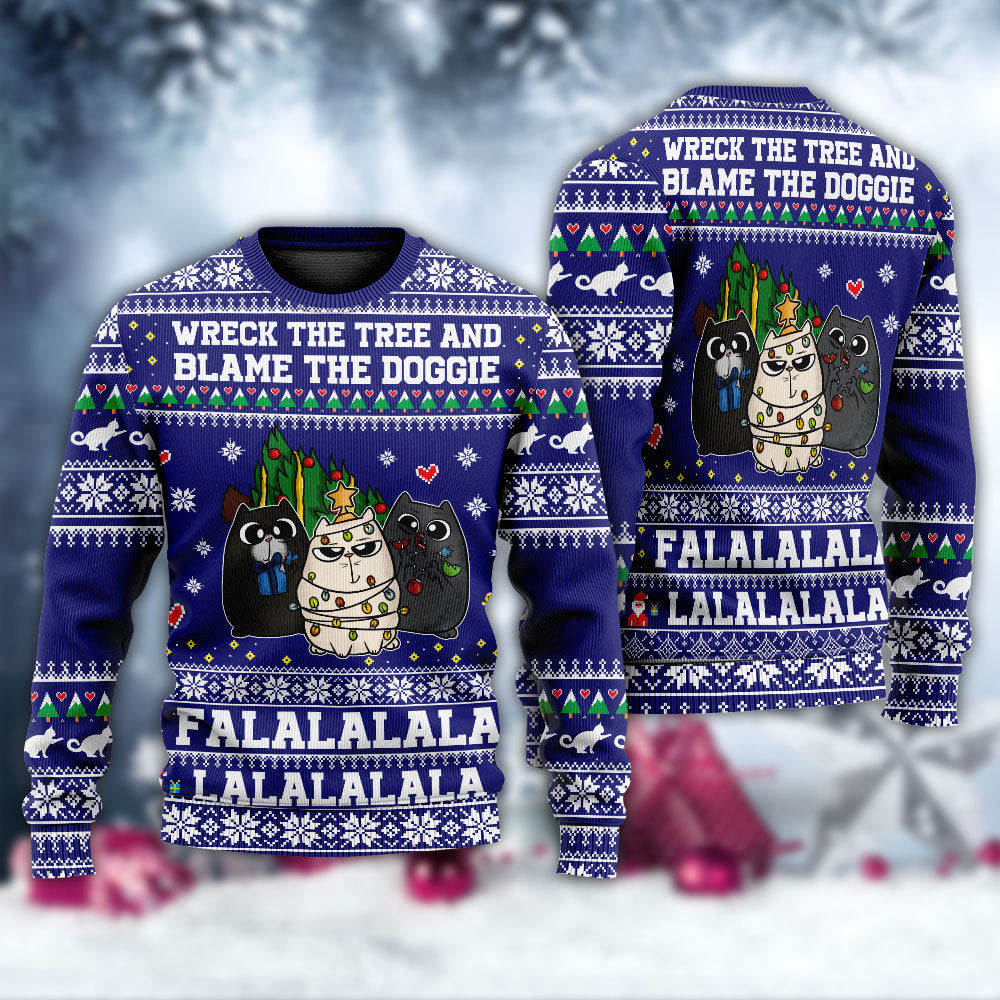 Cat Wrecks Tree Meowy Christmas Style – Sweater - Ugly Christmas Sweater