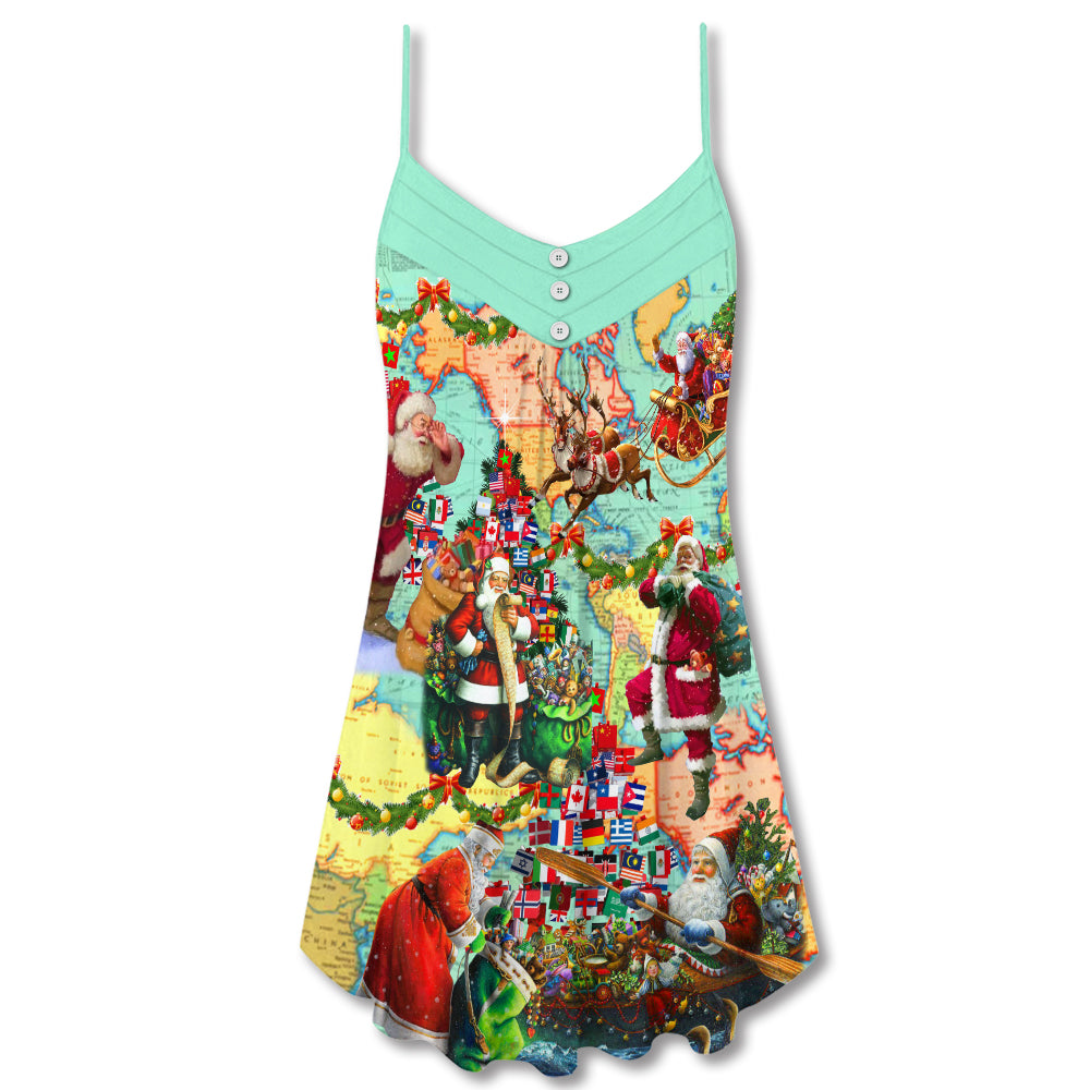 Santa World Map Christmas Love – Women's Summer Sleeveless V-Neck Camisole Dress