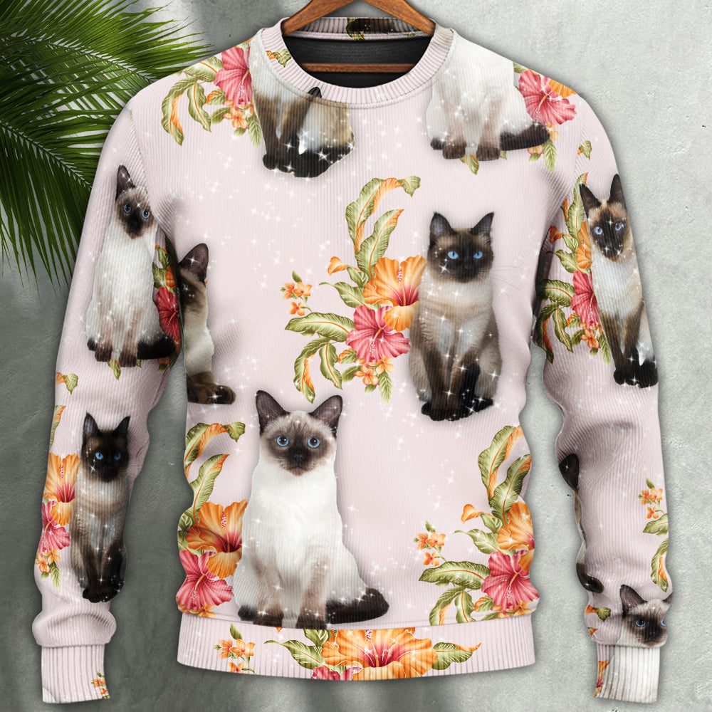 Tropical Floral Siamese Cat Art – Sweater - Ugly Christmas Sweater