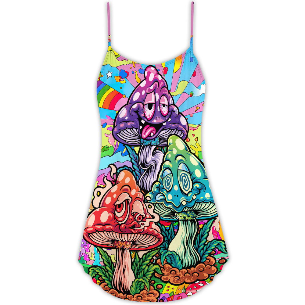 Hippie Mushroom Colorful Happy Life – Women's Summer Sleeveless V-Neck Camisole Dress
