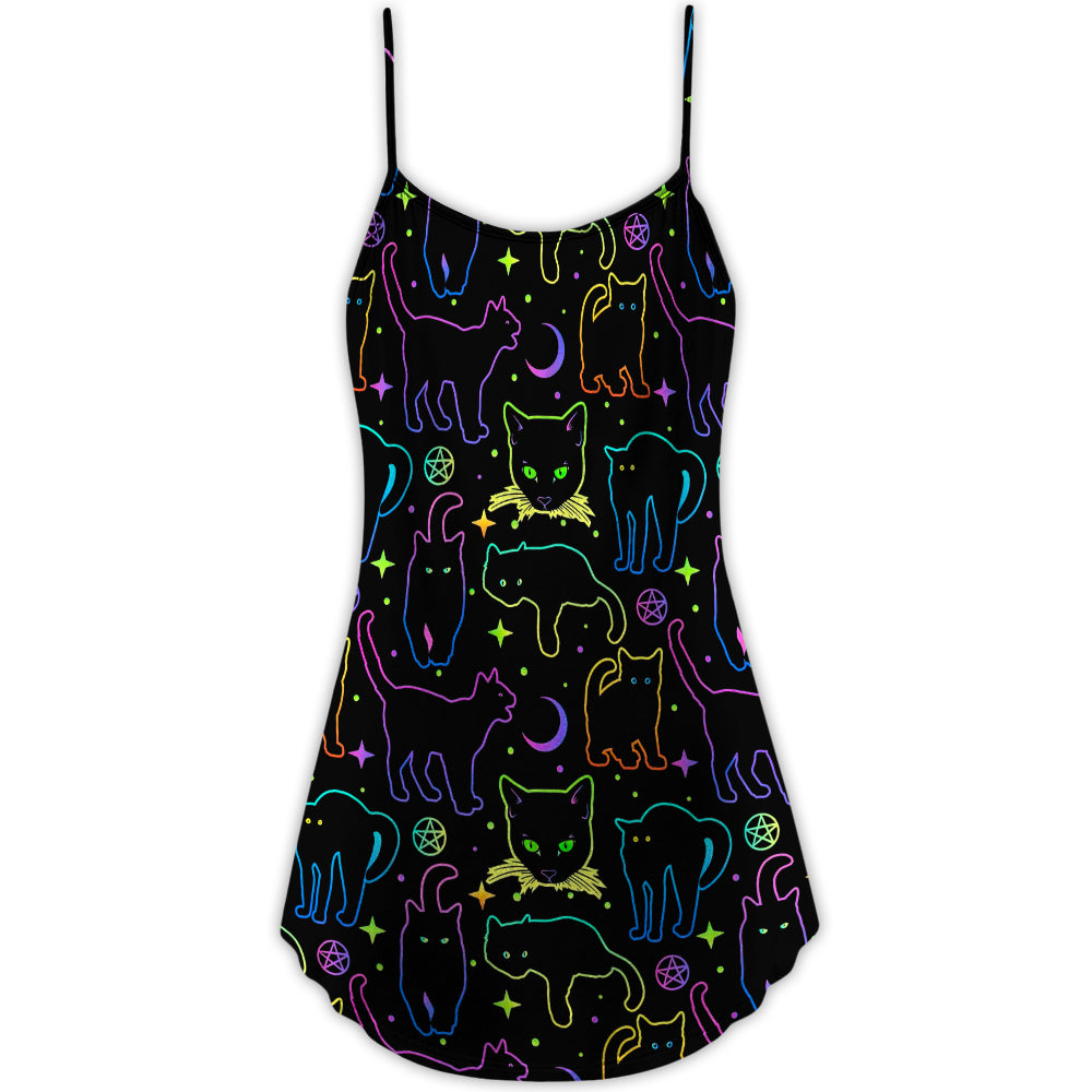Neon Cat Playing With Kitten – Women's Summer Sleeveless V-Neck Camisole Dress