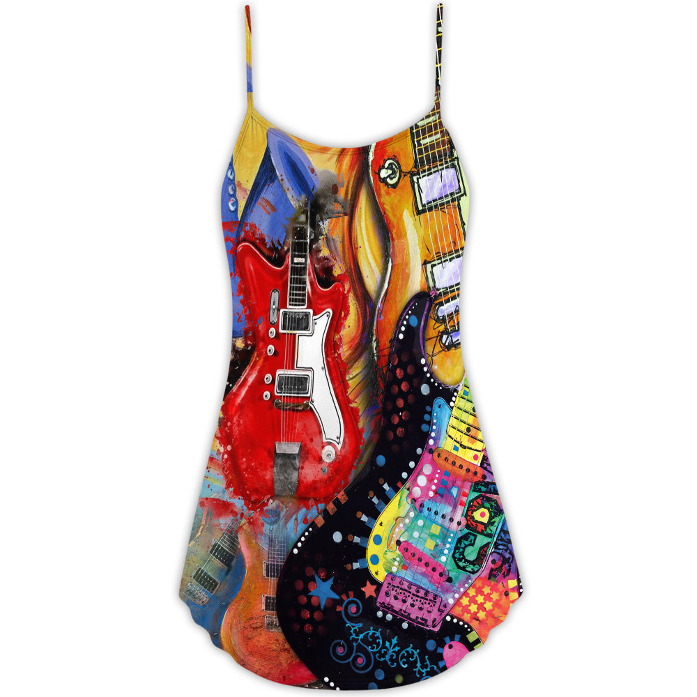 Galaxy Guitar Colorful Background – Women's Summer Sleeveless V-Neck Camisole Dress