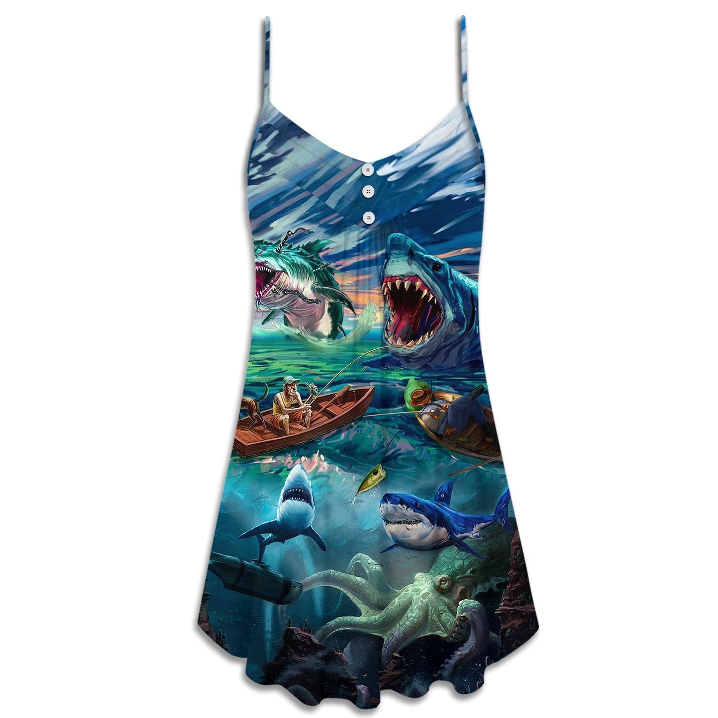 Fishing Shark Crazy Art – Women's Summer Sleeveless V-Neck Camisole Dress