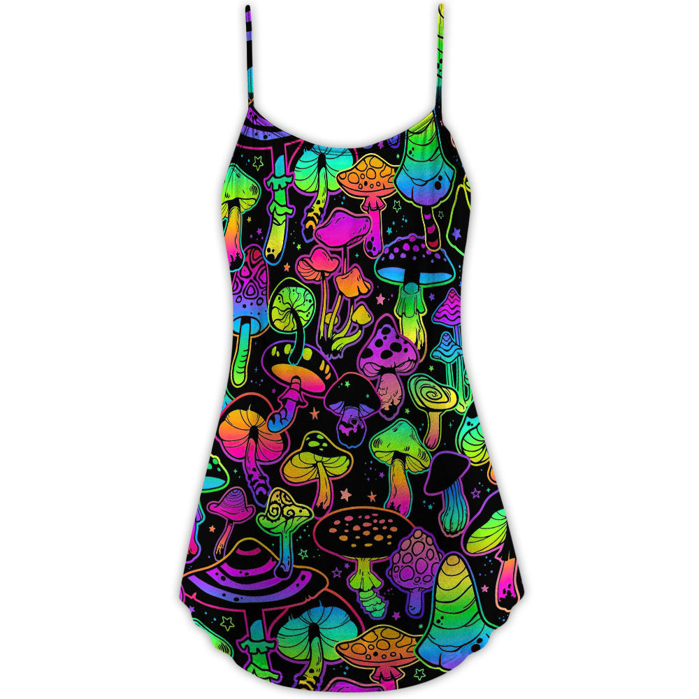 Neon Magic Mushroom Style – Women's Summer Sleeveless V-Neck Camisole Dress