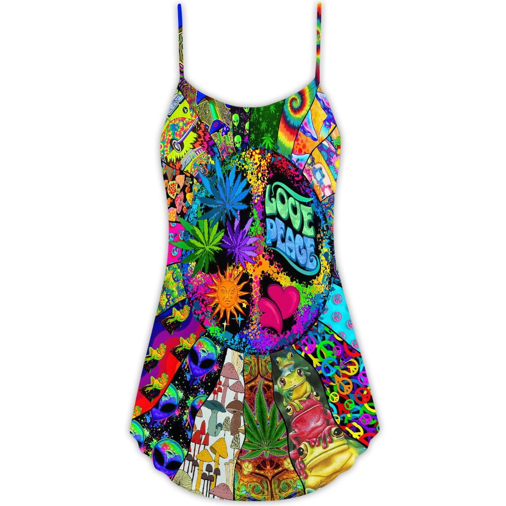 Hippie Alien Frogs Peace Love – Women's Summer Sleeveless V-Neck Camisole Dress