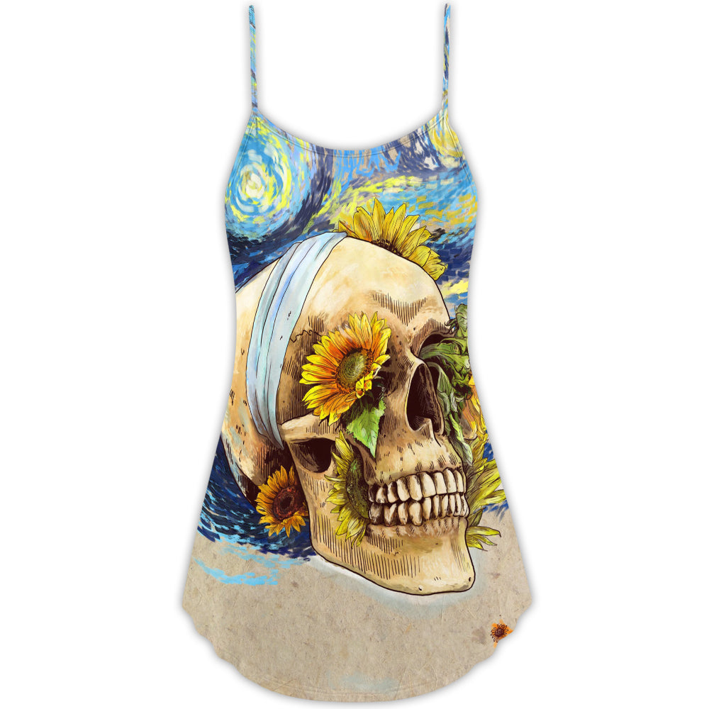 Vintage Skull Sunflower Starry Night – Women's Summer Sleeveless V-Neck Camisole Dress