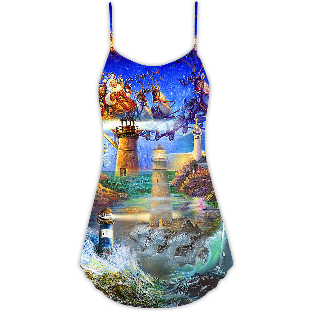 Lighthouse Santa Shine Bright – Women's Summer Sleeveless V-Neck Camisole Dress