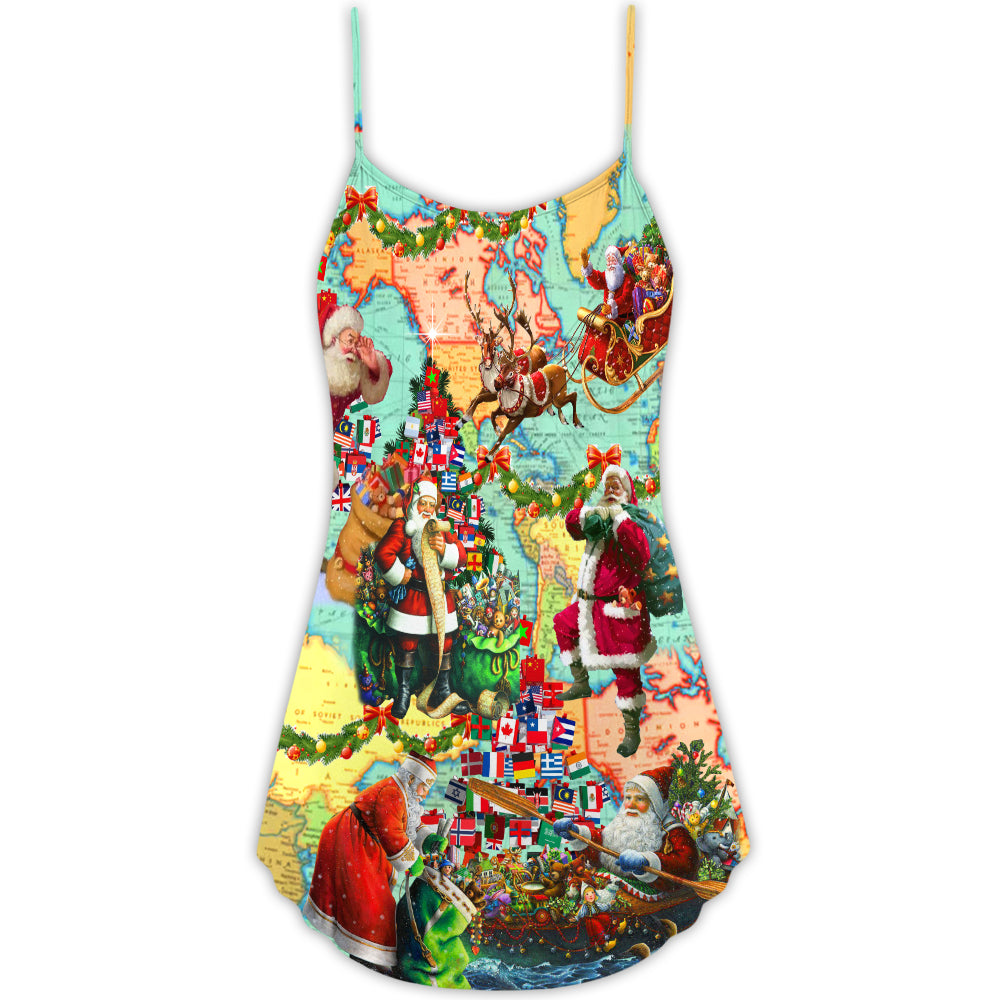 Christmas Santa Love World Map – Women's Summer Sleeveless V-Neck Camisole Dress