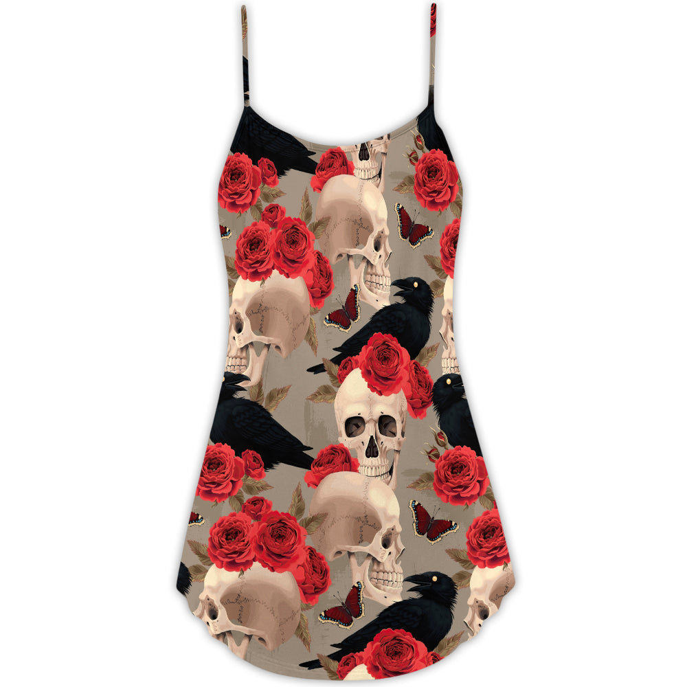 Gothic Skull Rose Raven – Women's Summer Sleeveless V-Neck Camisole Dress
