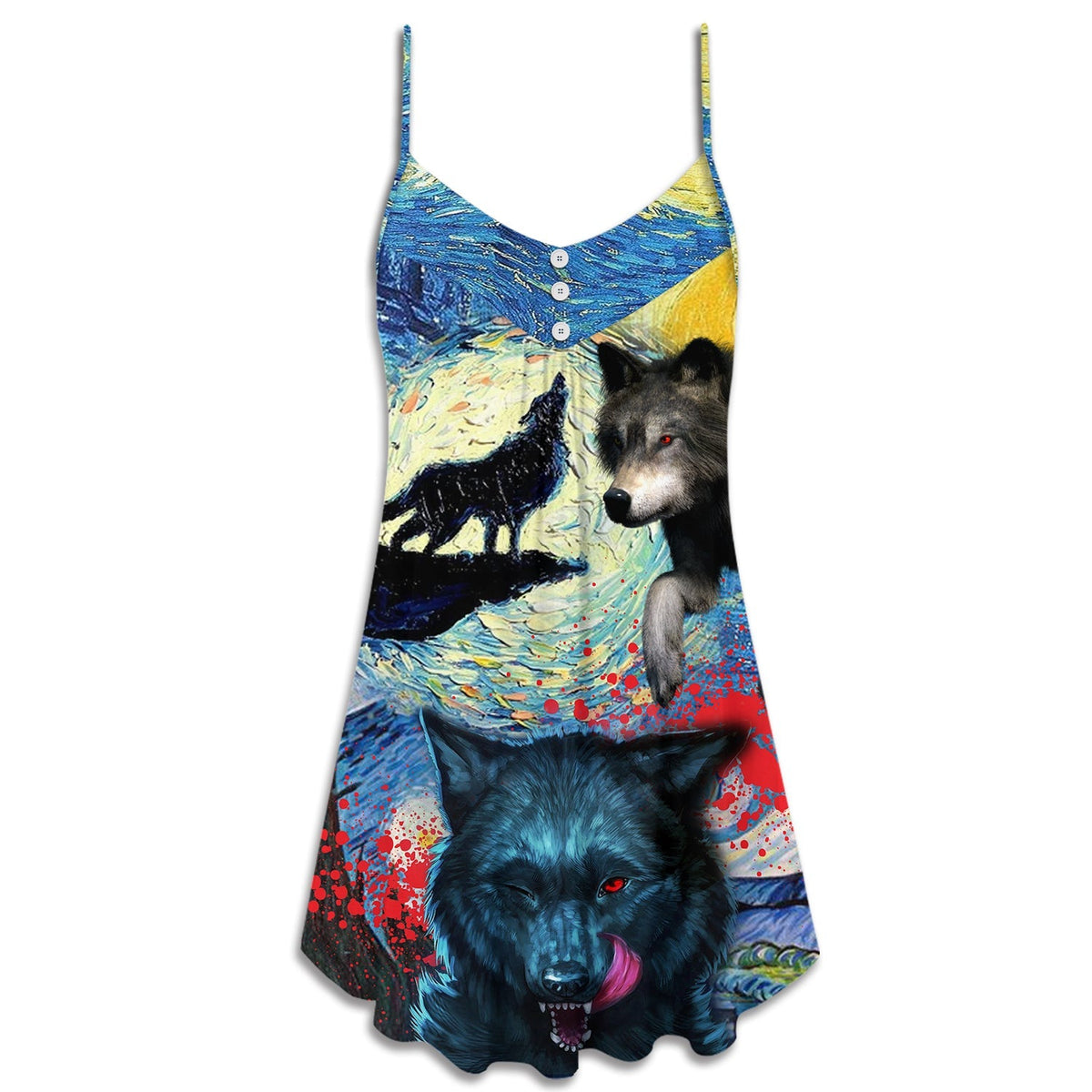 Halloween Black Wolf Starry Night Dark – Women's Summer Sleeveless V-Neck Camisole Dress