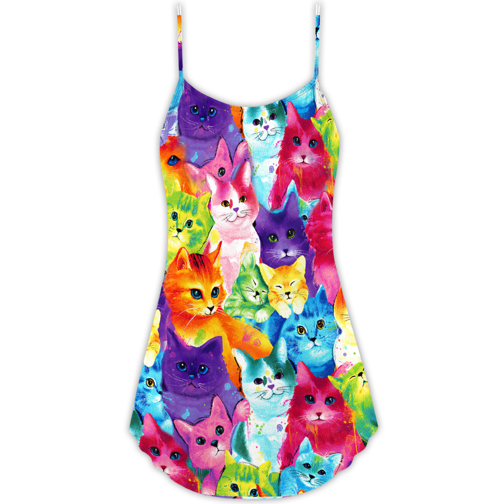 Colorful Cute Kitten Happy Life – Women's Summer Sleeveless V-Neck Camisole Dress