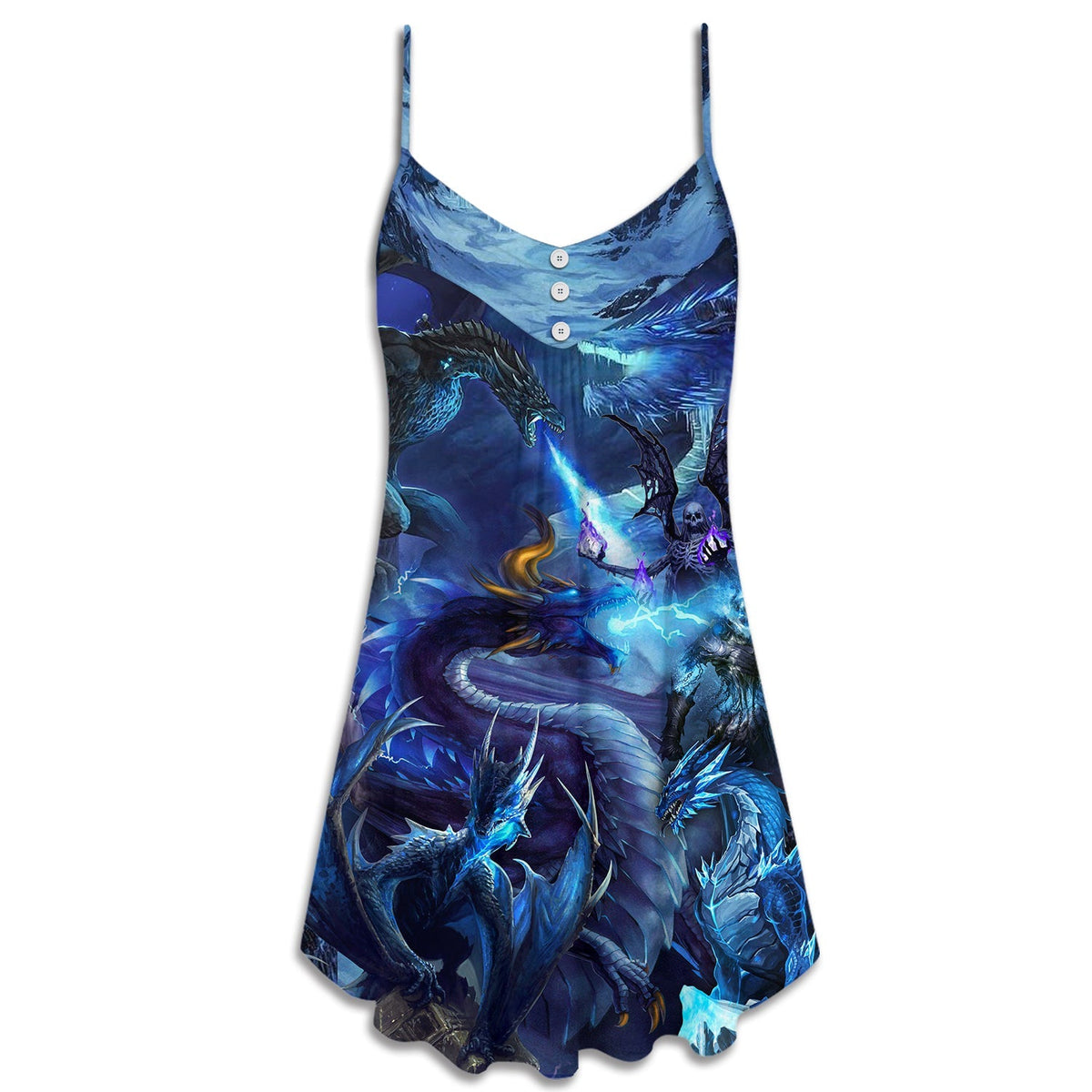 Blue Dragon Skull Fire Lightning – Women's Summer Sleeveless V-Neck Camisole Dress