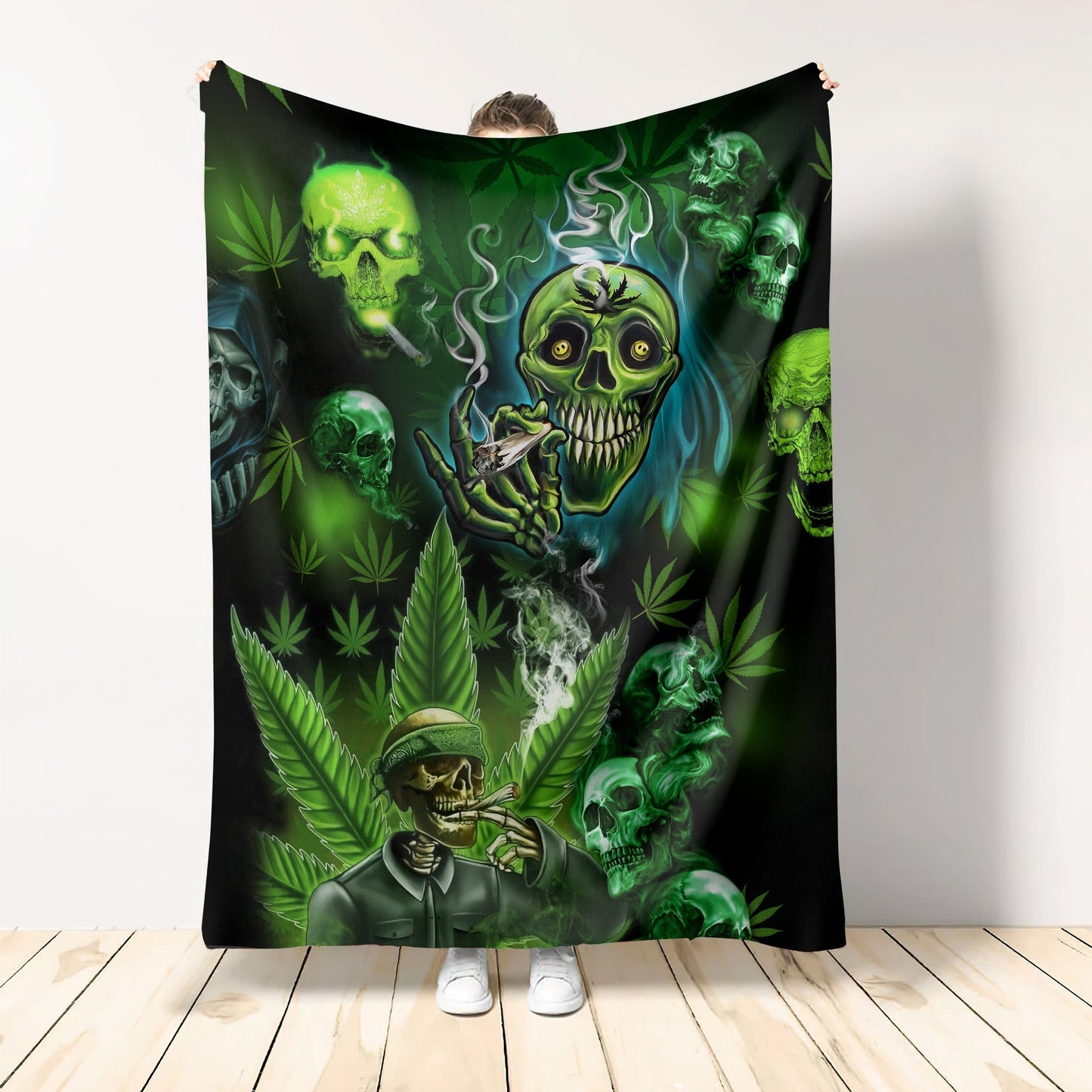 Green Skull Art Flannel Blanket For Soft Bed Couch And Home Comfort