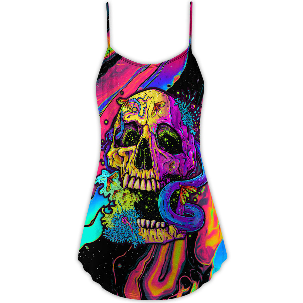 Neon Skull And Moth Night – Women's Summer Sleeveless V-Neck Camisole Dress
