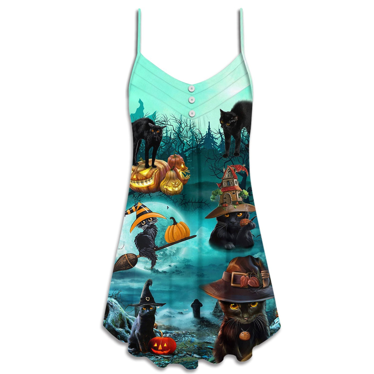 Halloween Black Cat Pumpkin Night – Women's Summer Sleeveless V-Neck Camisole Dress
