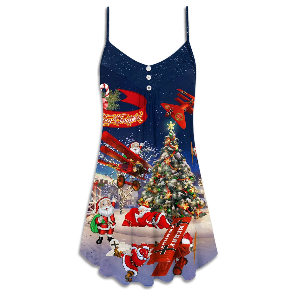 Christmas Santa Loves Airplane – Women's Summer Sleeveless V-Neck Camisole Dress