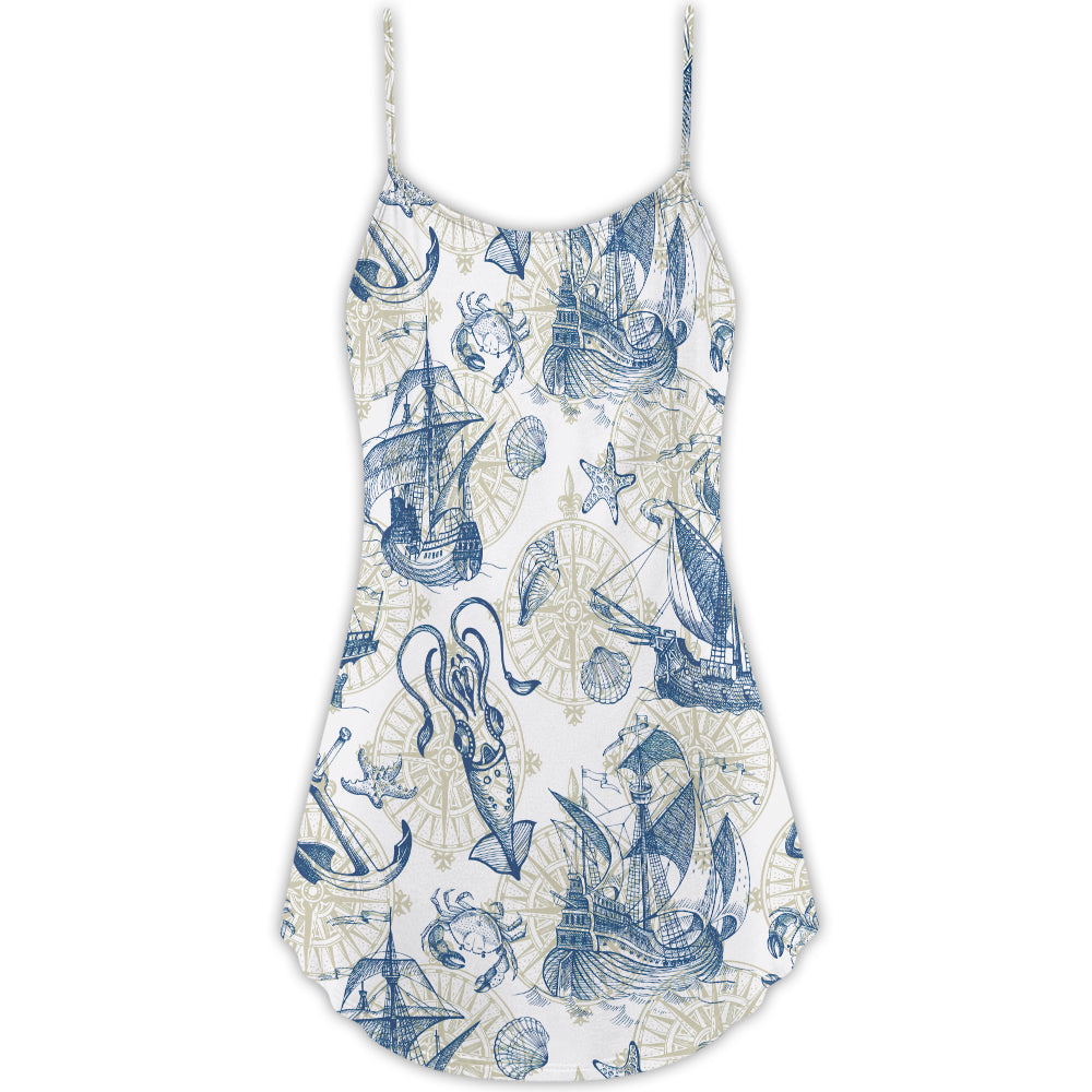 Ocean Life Vintage Sailboat Map – Women's Summer Sleeveless V-Neck Camisole Dress